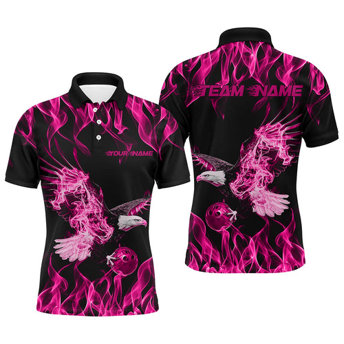Custom Black And Pink Flame Eagle Bowling Team Men Polo Shirts, Eagle Bowling League Shirt IPHW8791
