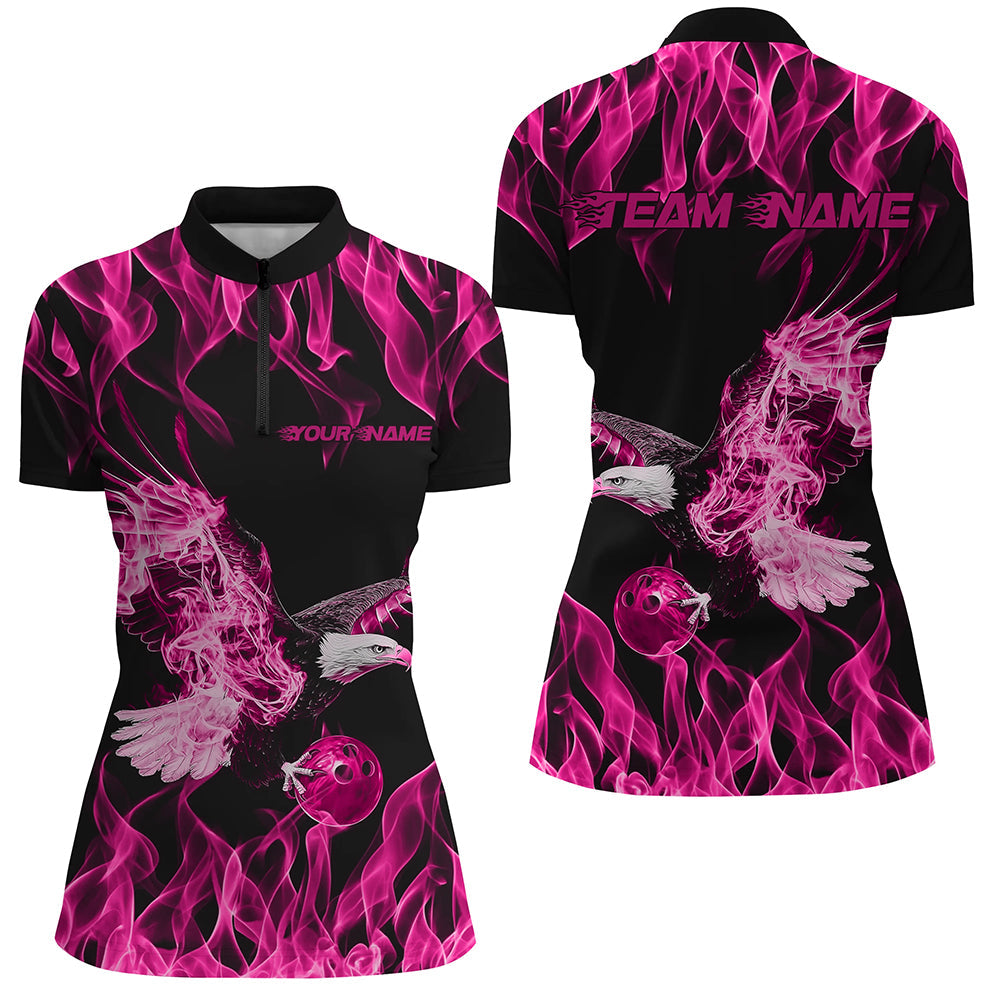Custom Black And Pink Flame Eagle Bowling Women Quarter-Zip Shirts, Bowling League Shirt IPHW8791