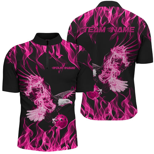 Custom Black And Pink Flame Eagle Bowling Team Men Quarter-Zip Shirts, Eagle Bowling League Shirt IPHW8791
