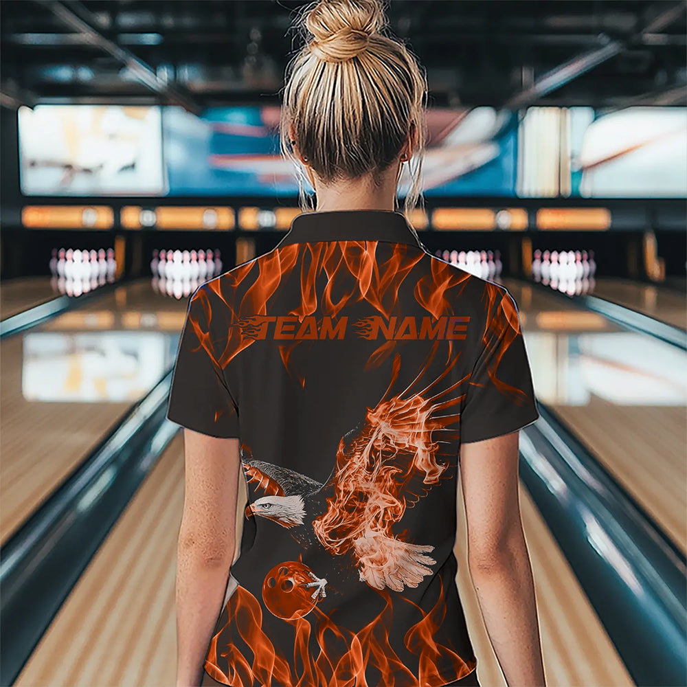 Custom Black And Orange Flame Eagle Bowling Women Quarter-Zip Shirts, Bowling League Shirt IPHW8792