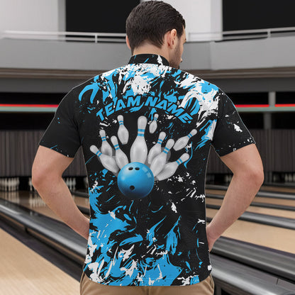 Black, Blue And White Custom Bowling Team Men Quarter-Zip Shirts, Bowling Ball And Pin Jerseys IPHW8794