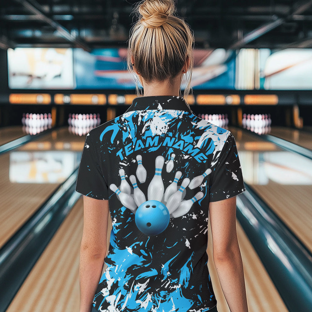 Black, Blue And White Custom Bowling Women Quarter-Zip Shirts, Bowling Ball And Pin Jerseys IPHW8794