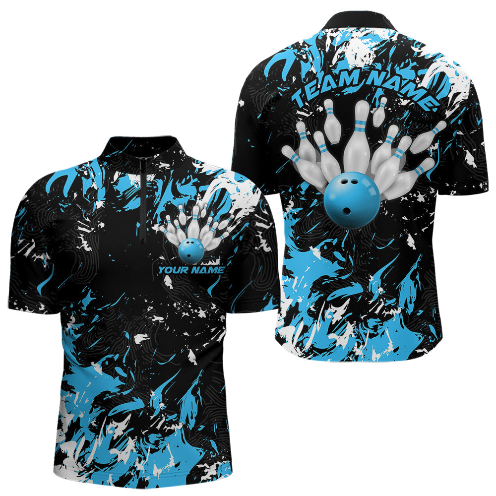 Black, Blue And White Custom Bowling Team Men Quarter-Zip Shirts, Bowling Ball And Pin Jerseys IPHW8794