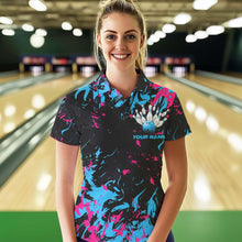 Load image into Gallery viewer, Black, Blue And Pink Custom Bowling Team Women Polo Shirts, Bowling Ball And Pin Jerseys IPHW8795