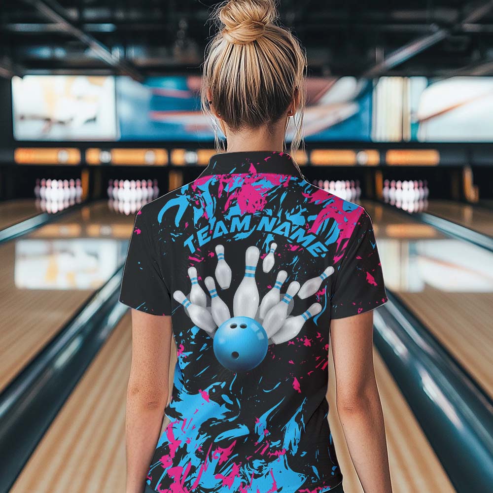 Black, Blue And Pink Custom Bowling Team Women Polo Shirts, Bowling Ball And Pin Jerseys IPHW8795