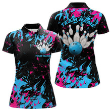 Load image into Gallery viewer, Black, Blue And Pink Custom Bowling Team Women Polo Shirts, Bowling Ball And Pin Jerseys IPHW8795