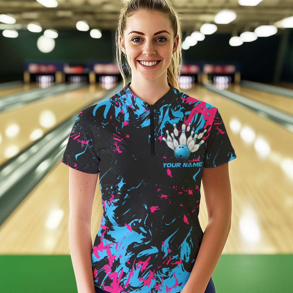 Black, Blue And Pink Custom Bowling Women Quarter-Zip Shirts, Bowling Ball And Pin Jerseys IPHW8795