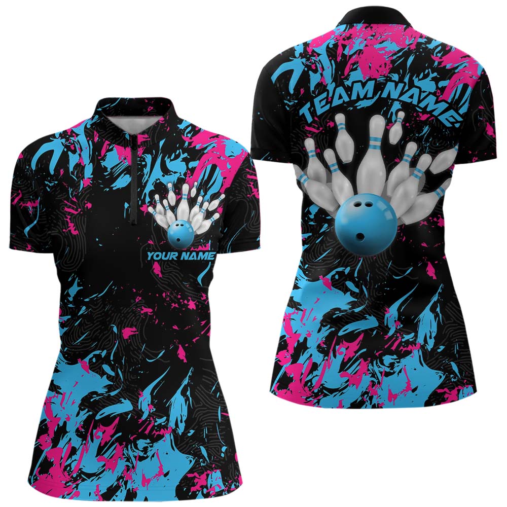 Black, Blue And Pink Custom Bowling Women Quarter-Zip Shirts, Bowling Ball And Pin Jerseys IPHW8795