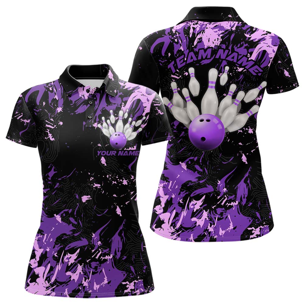 Black, Purple And Pink Custom Bowling Team Women Polo Shirts, Bowling Ball And Pin Jerseys IPHW8796