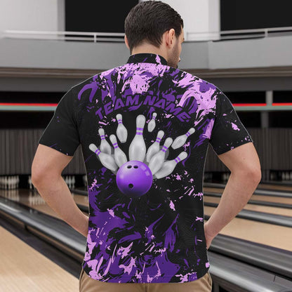 Black, Purple And Pink Custom Bowling Team Men Quarter-Zip Shirts, Bowling Ball And Pin Jerseys IPHW8796