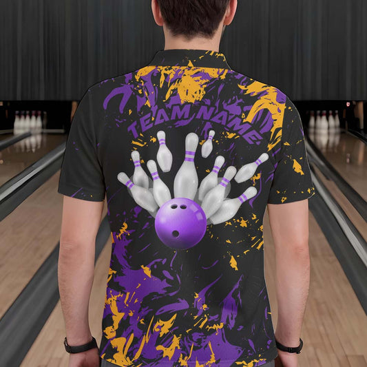 Black, Purple And Yellow Custom Bowling Team Men Polo Shirts, Bowling Ball And Pin Jerseys IPHW8797