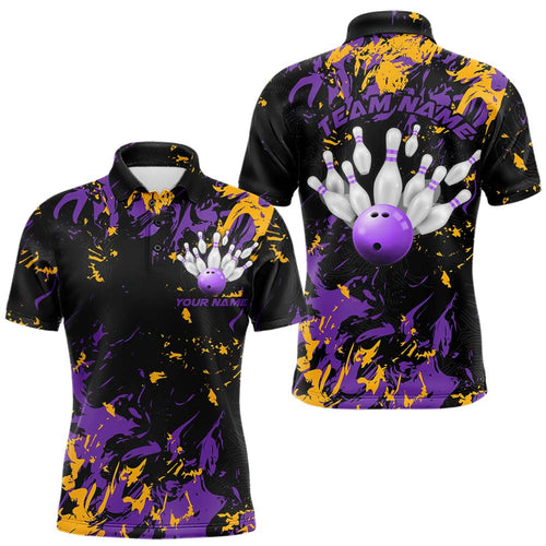 Black, Purple And Yellow Custom Bowling Team Men Polo Shirts, Bowling Ball And Pin Jerseys IPHW8797