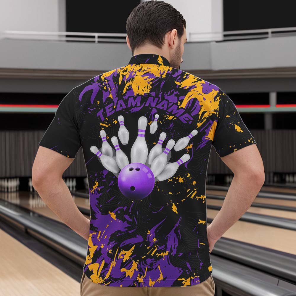 Black, Purple And Yellow Custom Bowling Team Men Quarter-Zip Shirts, Bowling Ball And Pin Jerseys IPHW8797