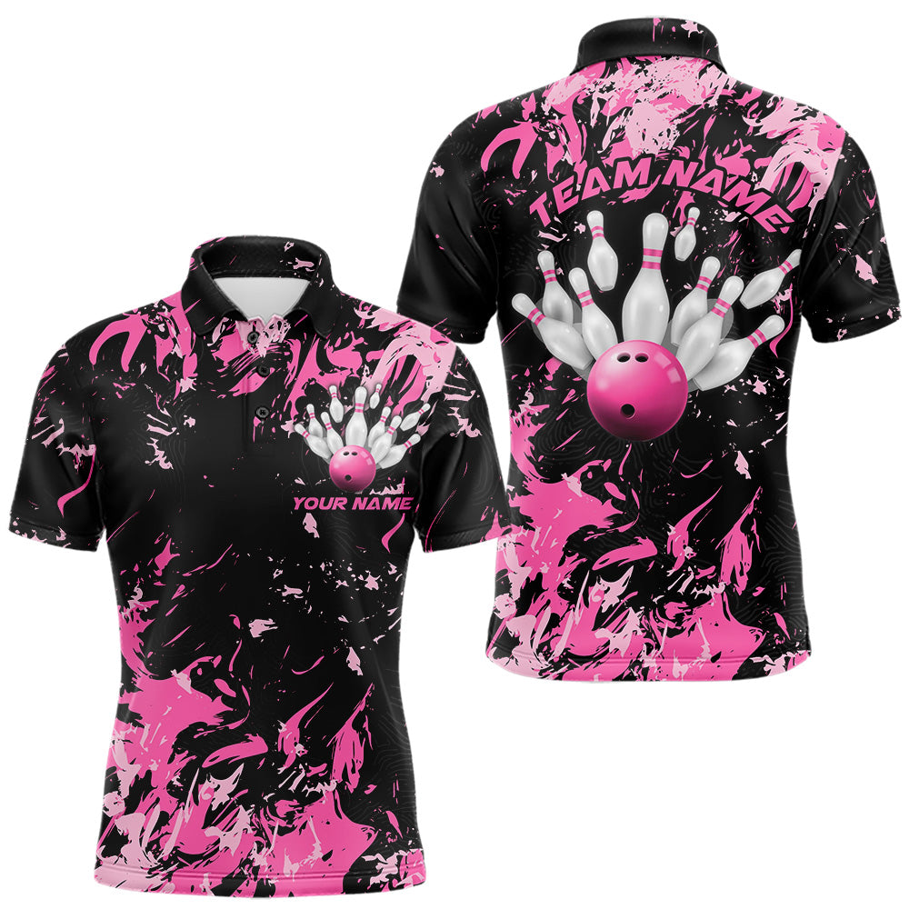 Black And Pink Custom Bowling Team Men Polo Shirts, Bowling Ball And Pin Bowling Jerseys IPHW8798