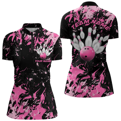 Black And Pink Custom Bowling Women Quarter-Zip Shirts, Bowling Ball And Pin Bowling Jersey IPHW8798