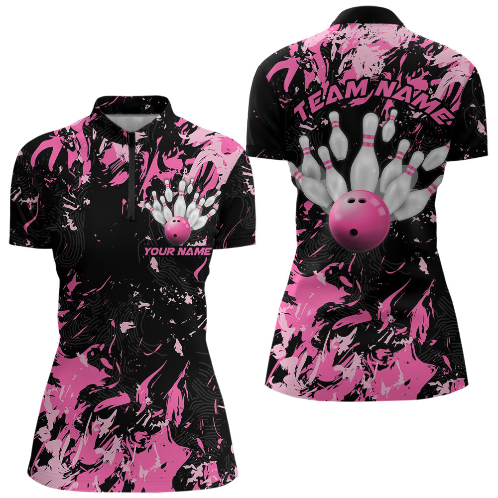 Black And Pink Custom Bowling Women Quarter-Zip Shirts, Bowling Ball And Pin Bowling Jersey IPHW8798