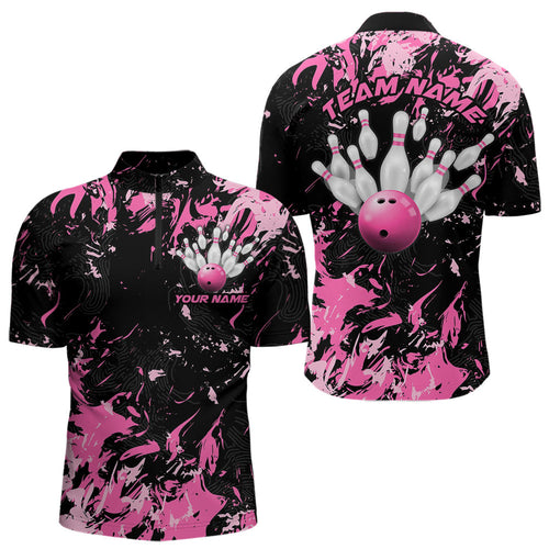 Black And Pink Custom Bowling Team Men Quarter-Zip Shirts, Bowling Ball And Pin Bowling Jerseys IPHW8798