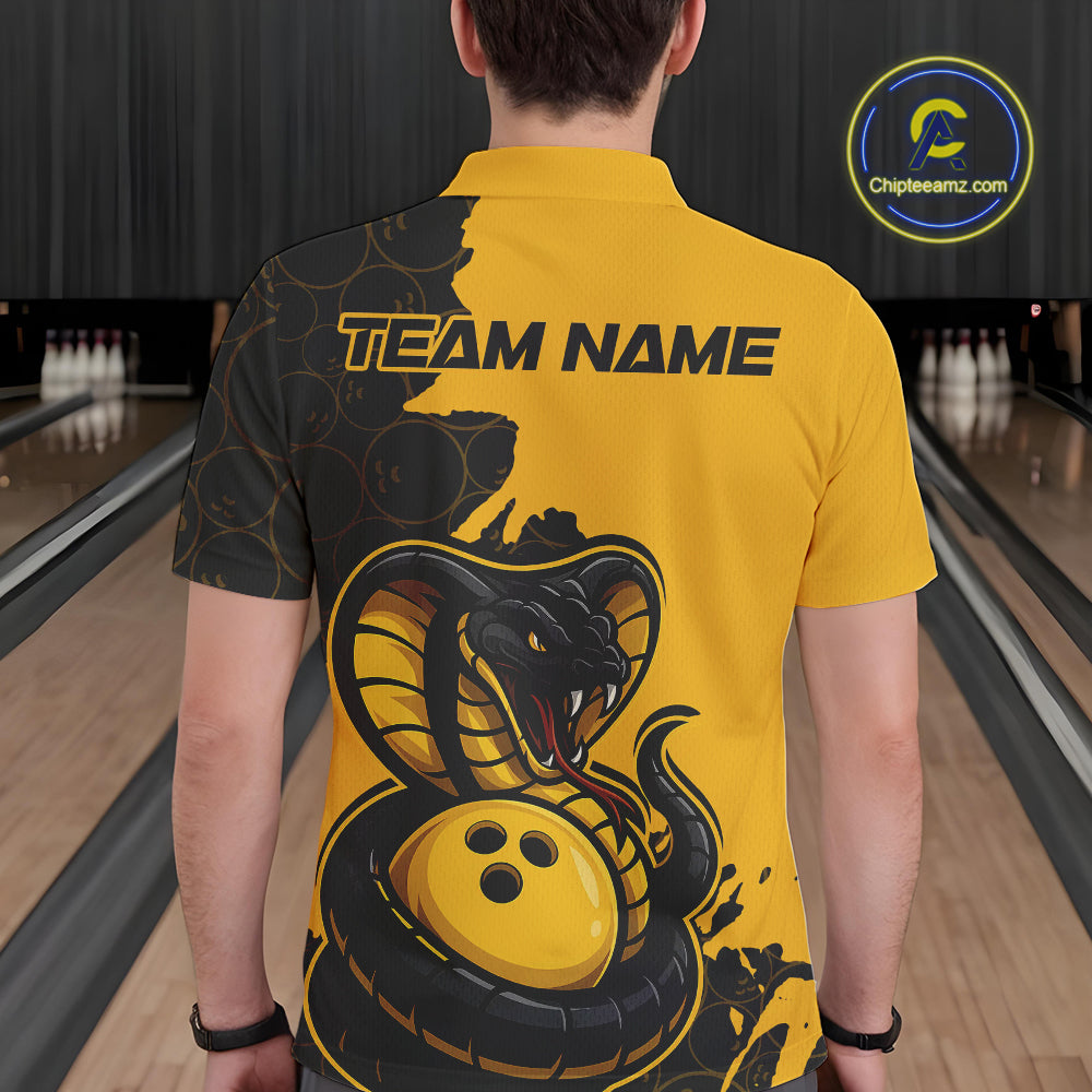 Custom Black And Yellow Cobra Snake Bowling Men Polo Shirts Team Uniform Bowling Pattern IPHW9030