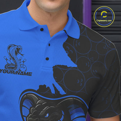 Custom Black And Blue Cobra Snake Bowling Men Polo Shirts Team Uniform Bowling Pattern IPHW9031