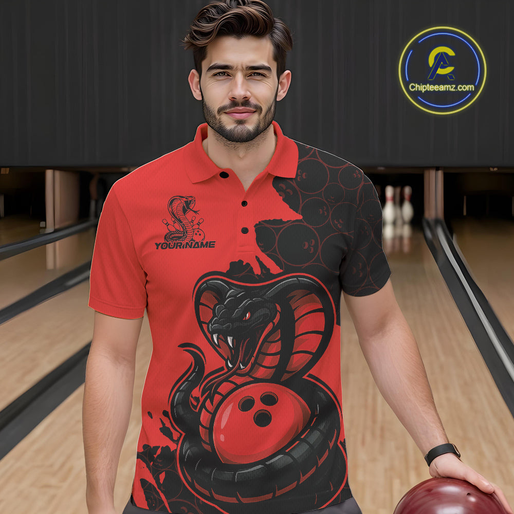 Custom Black And Red Cobra Snake Bowling Men Polo Shirts Team Uniform Bowling Pattern IPHW9032