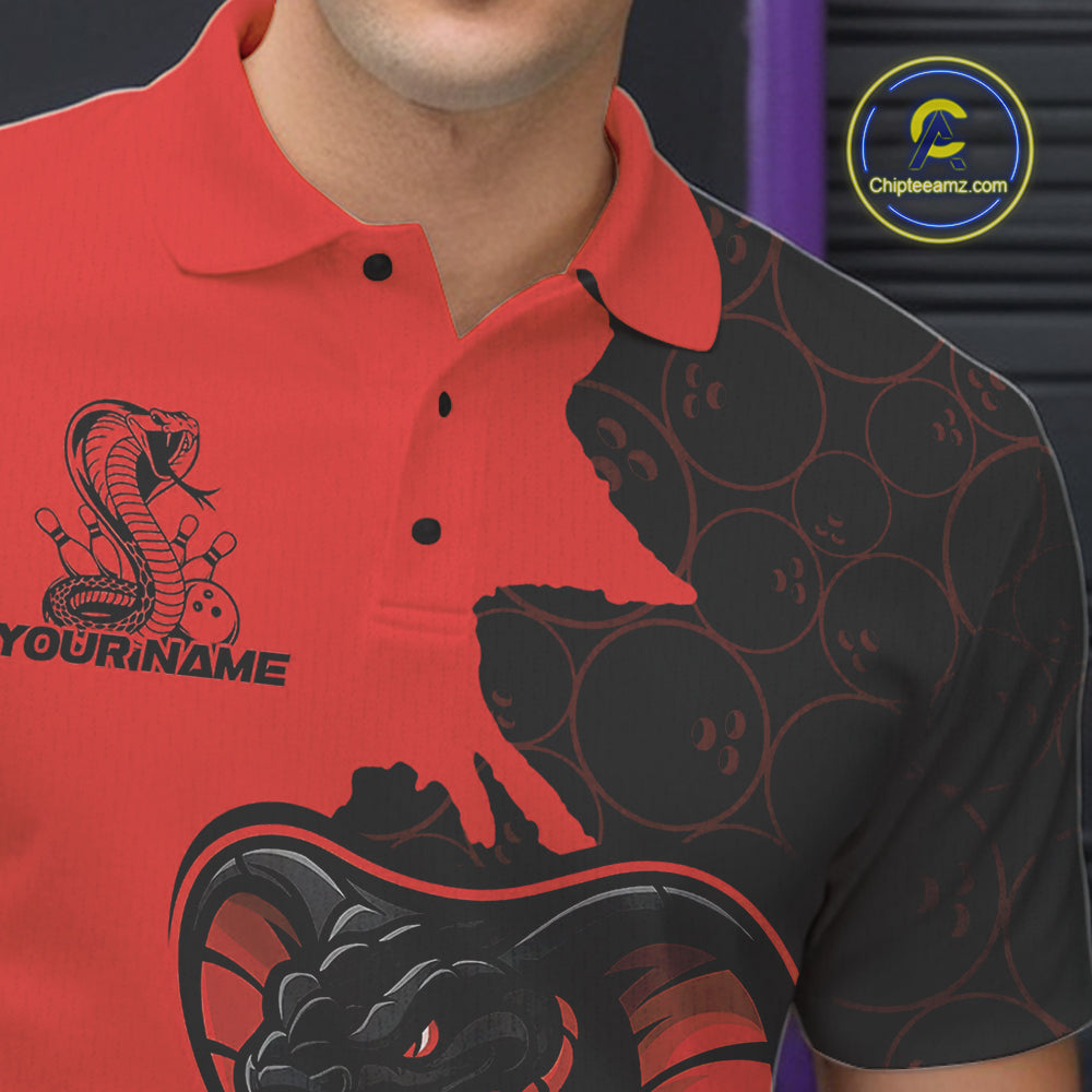 Custom Black And Red Cobra Snake Bowling Men Polo Shirts Team Uniform Bowling Pattern IPHW9032