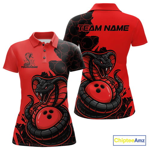 Custom Black And Red Cobra Snake Bowling Women Polo Shirts Team Uniform Bowling Pattern IPHW9032