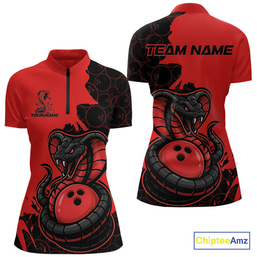 Custom Black And Red Cobra Snake Bowling Women Quarter-Zip Shirts Team Uniform IPHW9032