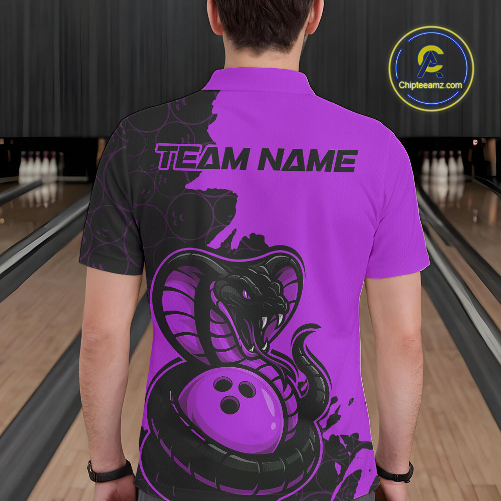 Custom Black And Purple Cobra Snake Bowling Men Polo Shirts Team Uniform Bowling Pattern IPHW9033