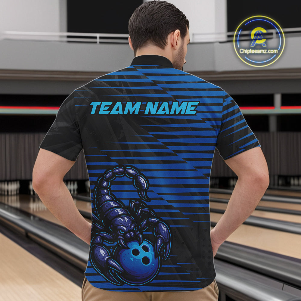 Custom Black And Blue Scorpion Bowling Team Quarter-Zip Shirts For Men, Bowling League Shirt IPHW9034