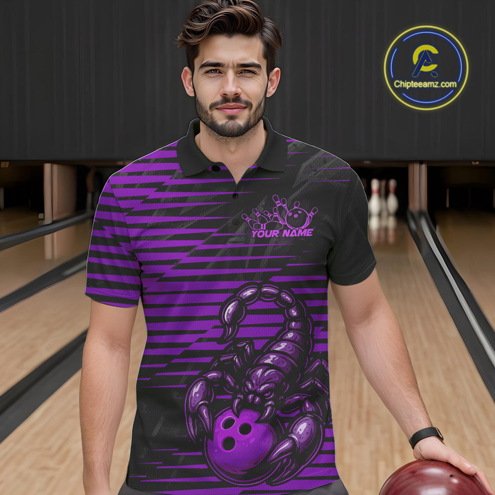 Custom Black And Purple Scorpion Bowling Team Polo Shirts For Men, Bowling League Shirt IPHW9035