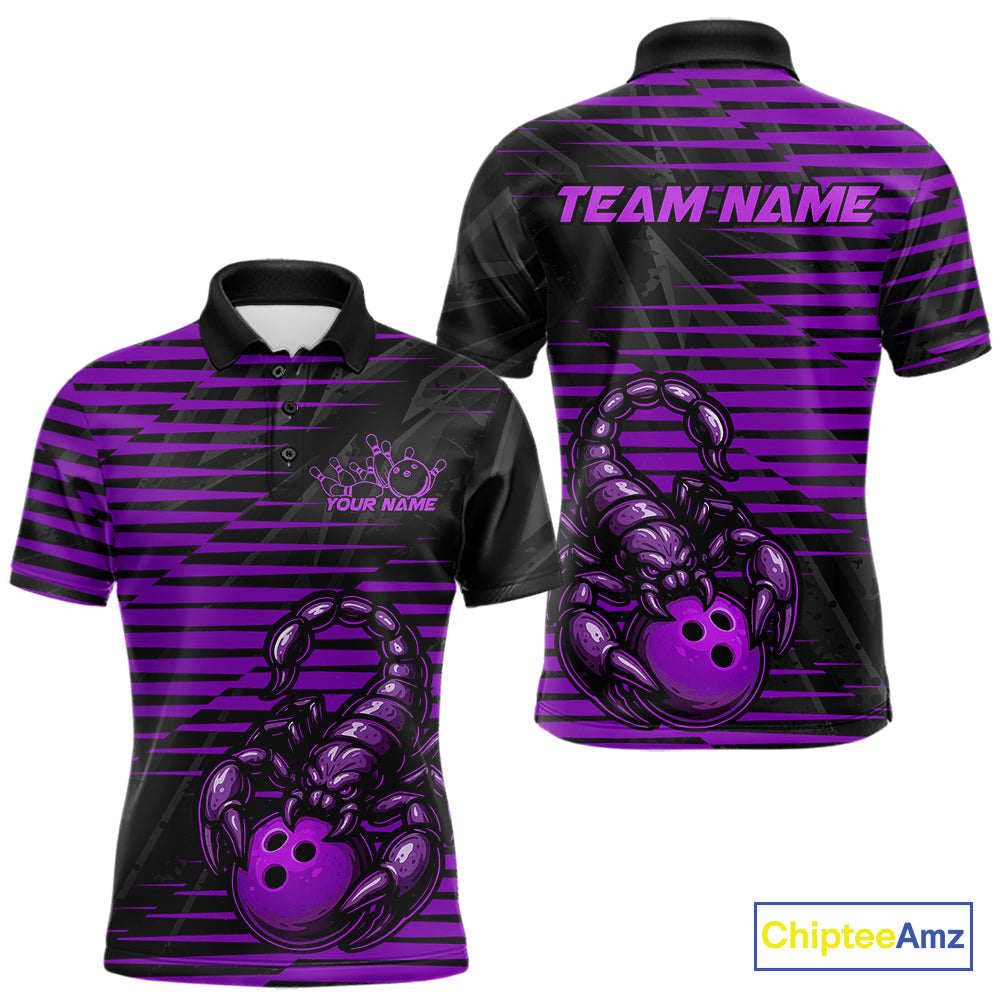 Custom Black And Purple Scorpion Bowling Team Polo Shirts For Men, Bowling League Shirt IPHW9035