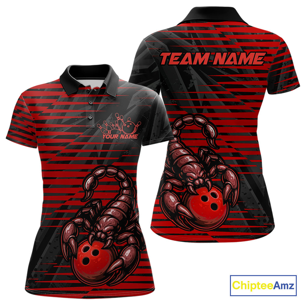 Custom Black And Red Scorpion Bowling Team Polo Shirts For Women, Bowling League Shirt IPHW9036