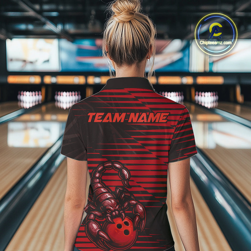 Custom Black And Red Scorpion Bowling Team Women Quarter-Zip Shirt, Bowling League Shirt IPHW9036