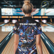 Load image into Gallery viewer, Back view of a female model at the bowling lane wearing a quarter zip shirt with flaming bald eagle, blue bowling ball, flag details, and blue flames.