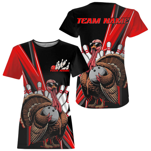 Black And Red Custom Turkey Bowling T-Shirts For Women, Thanksgiving Bowling Jerseys IPHW7878