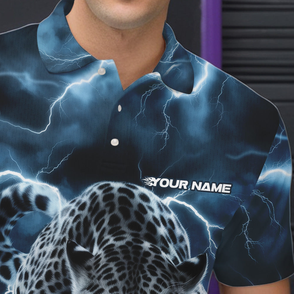 Blue Thunder Lightning Custom Leopard Bowling Polo Shirts For Men, Bowling League Shirt IPHW8318