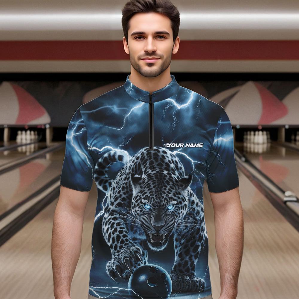 Blue Thunder Lightning Custom Leopard Bowling Quarter-Zip Shirts For Men, Bowling League Shirt IPHW8318