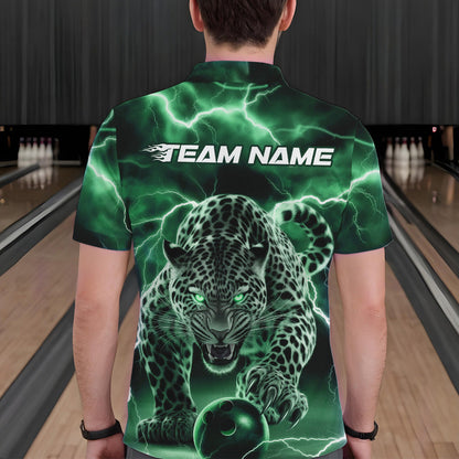 Green Thunder Lightning Custom Leopard Bowling Polo Shirts For Men, Bowling League Shirt IPHW8320