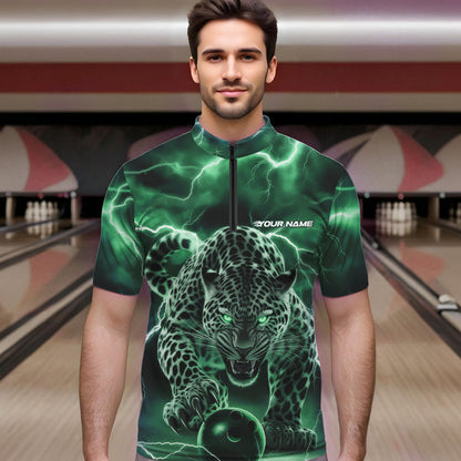 Green Thunder Lightning Custom Leopard Bowling Quarter-Zip Shirts For Men, Bowling League Shirt IPHW8320