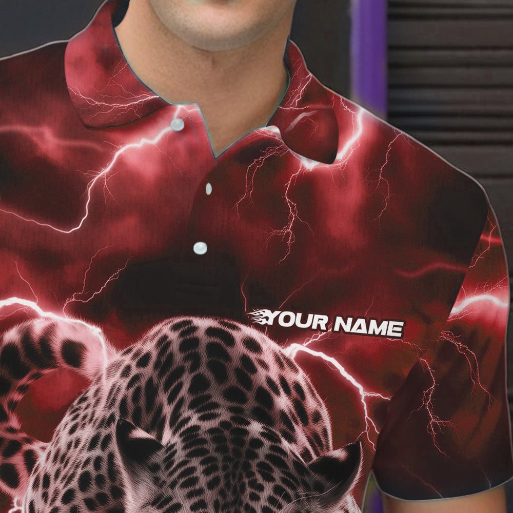 Red Thunder Lightning Custom Leopard Bowling Polo Shirts For Men, Bowling League Shirt IPHW8321