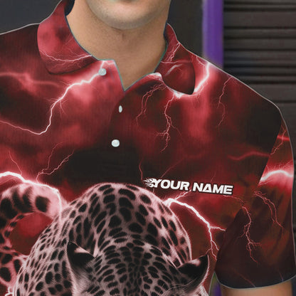 Red Thunder Lightning Custom Leopard Bowling Polo Shirts For Men, Bowling League Shirt IPHW8321