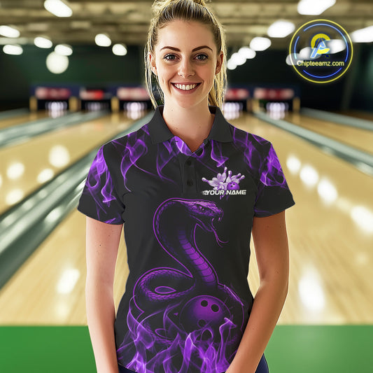 Custom Black And Purple Flame Cobra Snake Bowling Women Polo Shirts, Bowling League Shirt IPHW9041