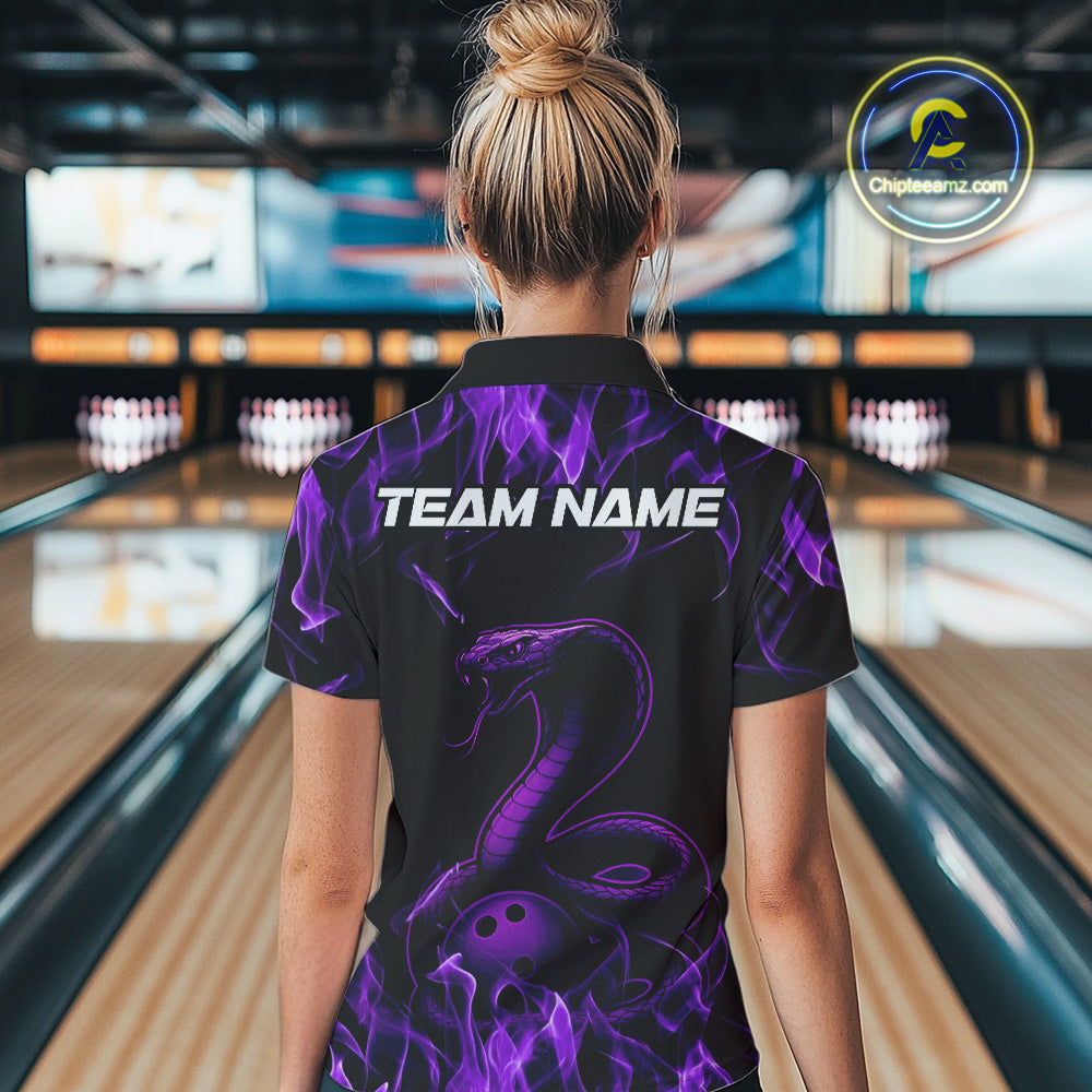 Custom Black And Purple Flame Cobra Snake Bowling Women Polo Shirts, Bowling League Shirt IPHW9041