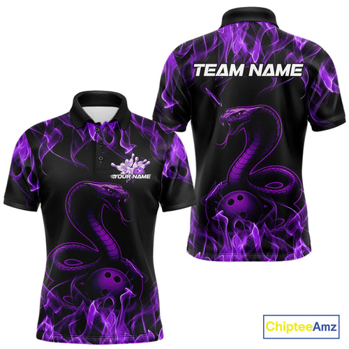Custom Black And Purple Flame Cobra Snake Bowling Men Polo Shirts, Bowling League Shirt IPHW9041