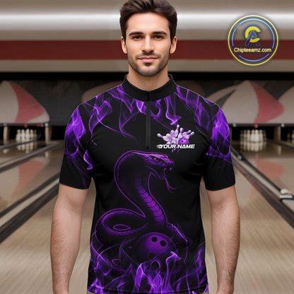 Custom Black And Purple Flame Cobra Snake Bowling Men Quarter-Zip Shirts, Bowling League Shirt IPHW9041
