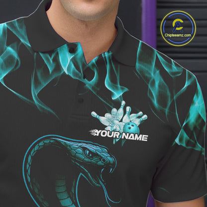 Custom Black And Blue Flame Cobra Snake Bowling Men Polo Shirts, Bowling League Shirt IPHW9042