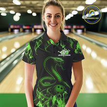 Load image into Gallery viewer, Custom Black And Green Flame Cobra Snake Bowling Women Polo Shirts, Bowling League Shirt IPHW9043