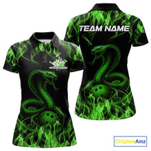 Load image into Gallery viewer, Custom Black And Green Flame Cobra Snake Bowling Women Polo Shirts, Bowling League Shirt IPHW9043