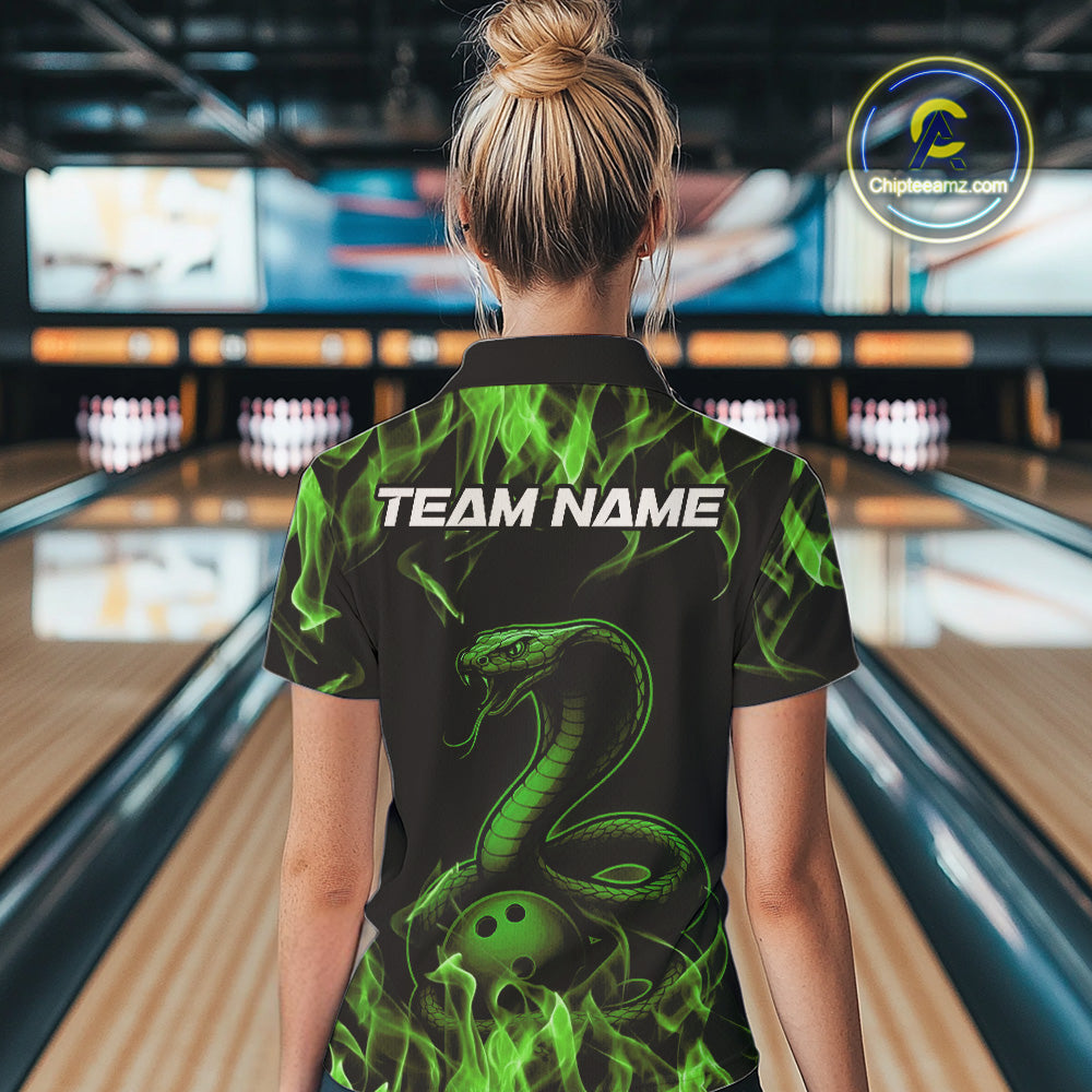Custom Black And Green Flame Cobra Snake Bowling Women Quarter-Zip Shirts, Team Shirt IPHW9043
