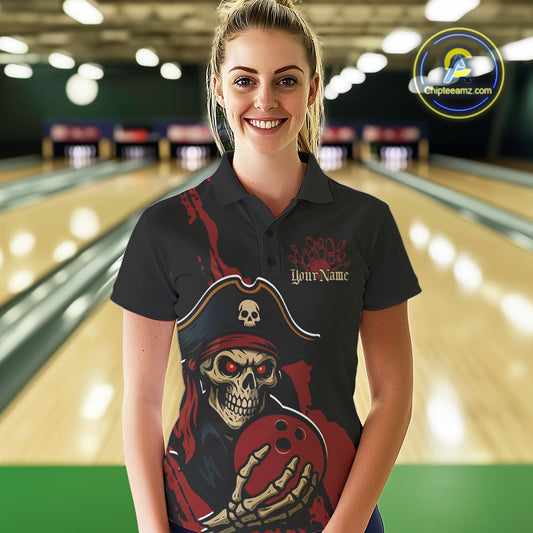 Custom Black And Red Pirate Bowling Women Polo Shirts, Bowling Team Bowling League Shirt IPHW9048